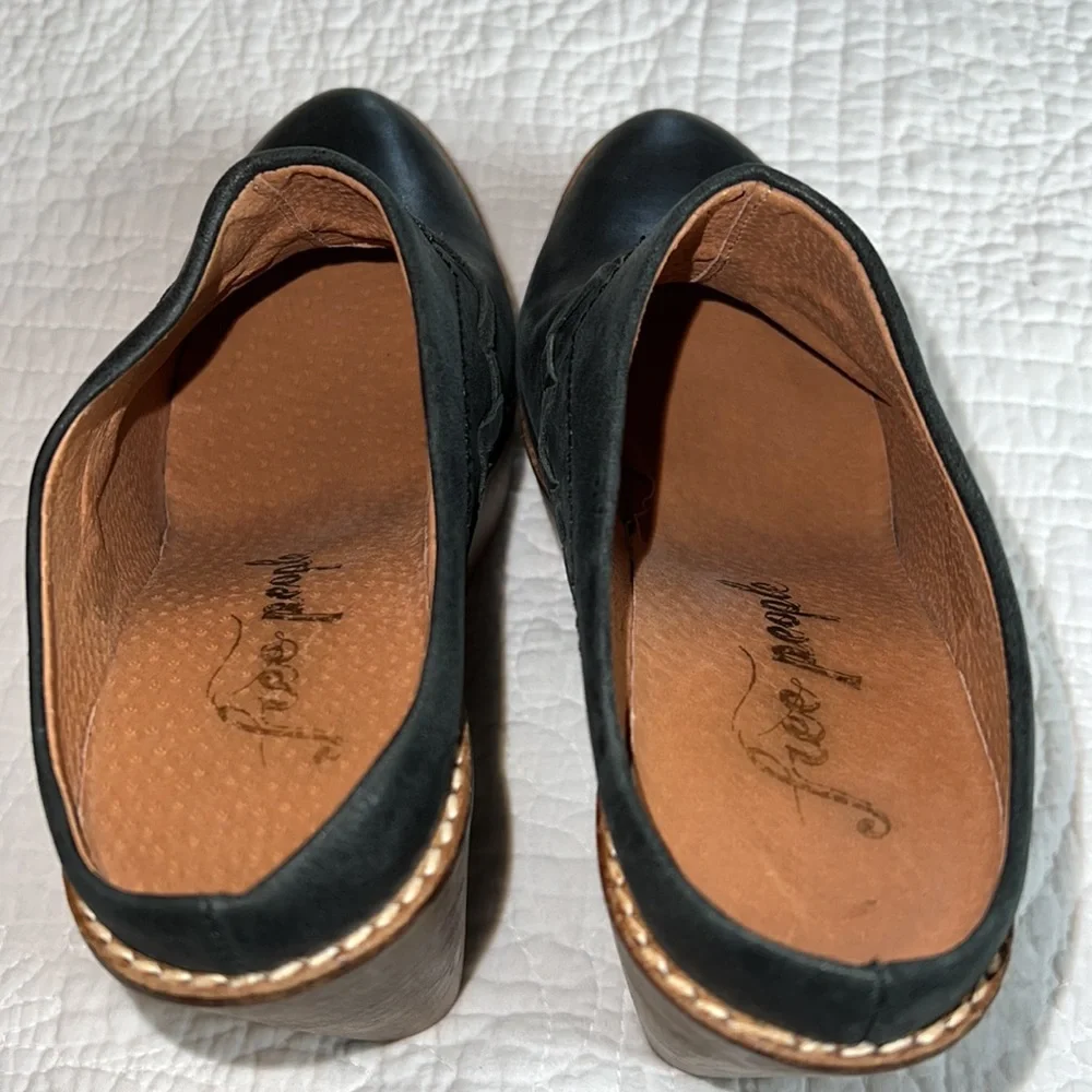 Free People Black Leather Platform Mule Clogs with Wood Heel